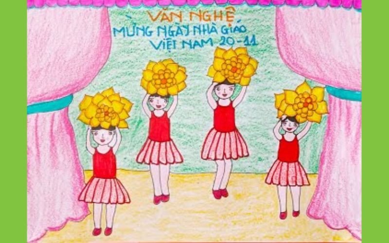 Tranh vẽ chân dung học sinh nữ với nụ cười tươi