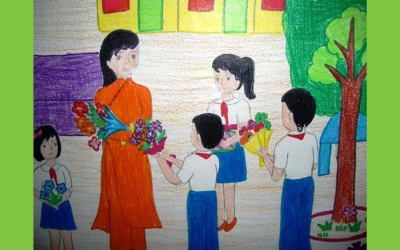 Tranh vẽ học sinh tặng bó hoa điểm 10 cho cô giáo