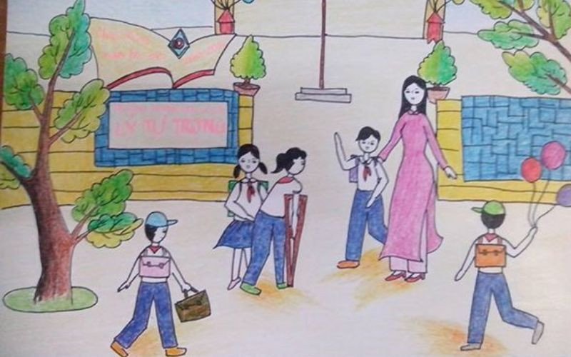 Vẽ đơn giản cảnh học sinh trên đường đi học