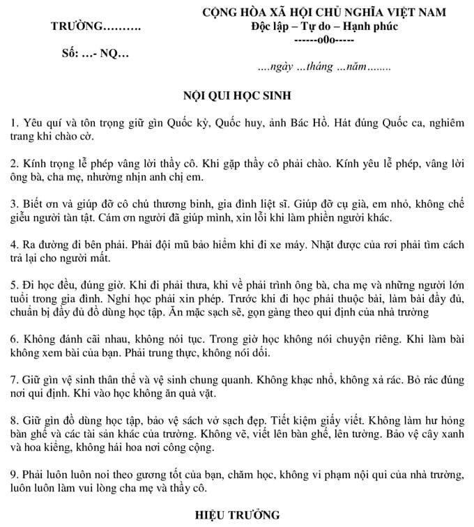 Ví dụ bảng nội quy lớp học tiểu học đơn giản