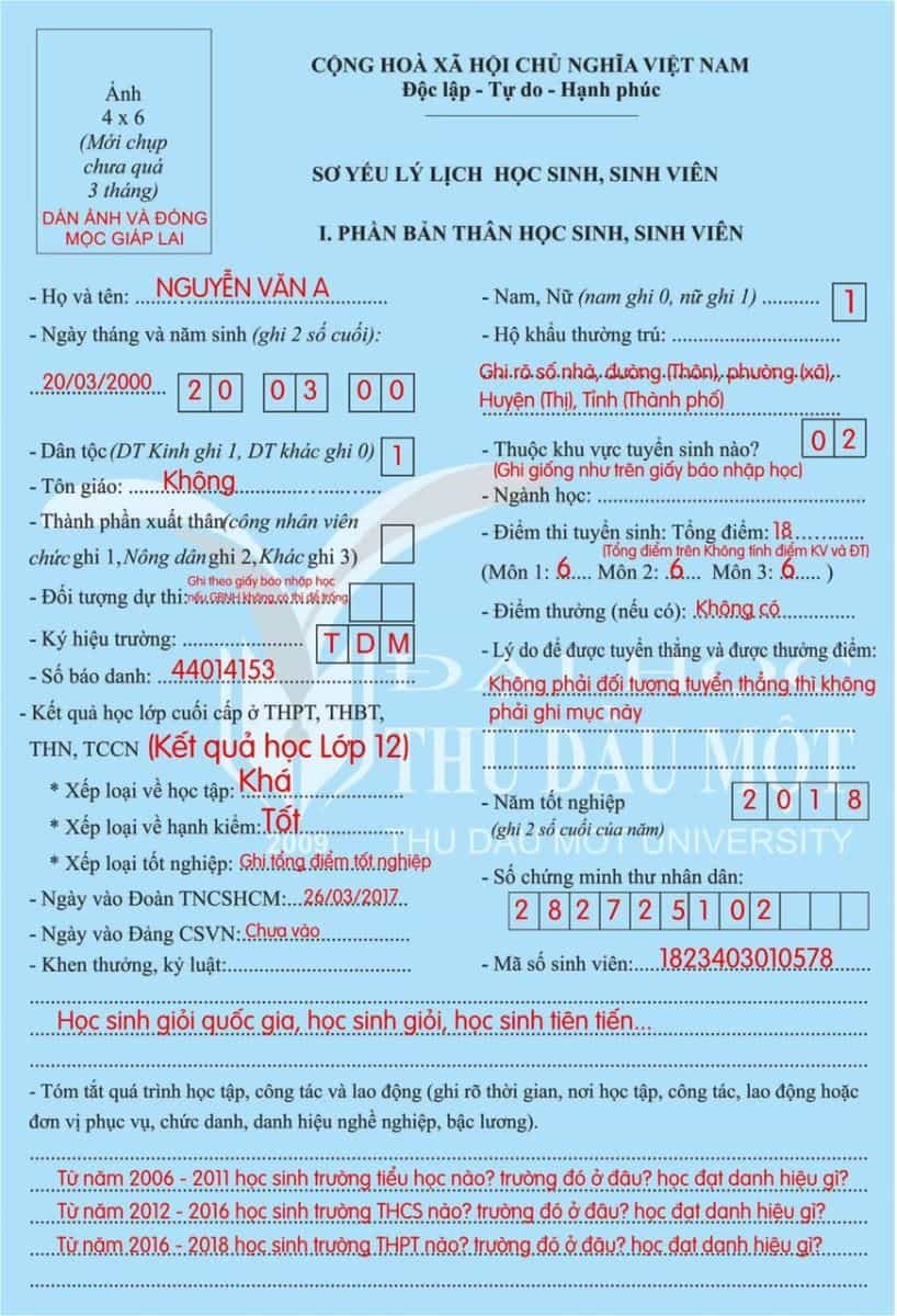 Ví dụ điền khu vực tuyển sinh 02 trong sơ yếu lý lịch