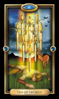 Ý nghĩa lá bài 10 of Swords trong Tarot, tượng trưng cho sự kết thúc và quá trình chuyển mình mạnh mẽ sau khó khăn