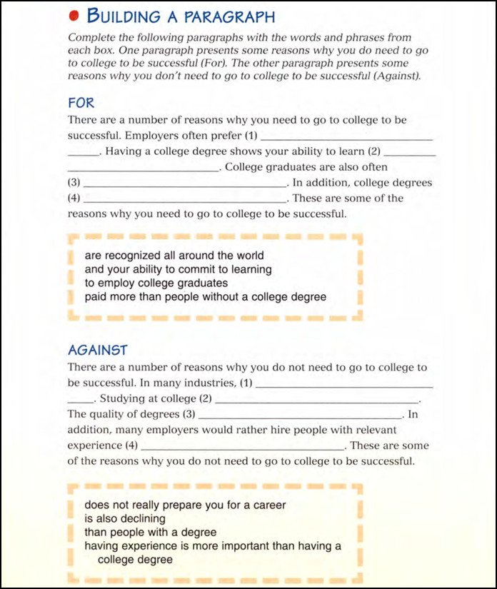 Bài tập "Building a Paragraph" trong sách For and Against 1 giúp rèn luyện kỹ năng viết IELTS