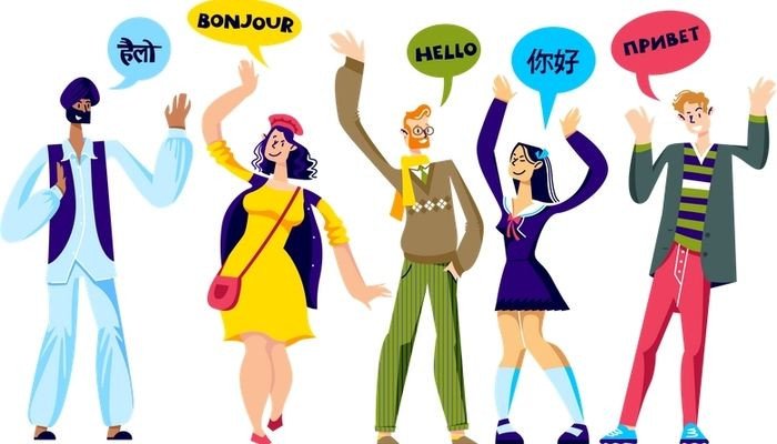 Bản đồ thế giới và biểu tượng đa ngôn ngữ minh họa sự kết nối văn hóa