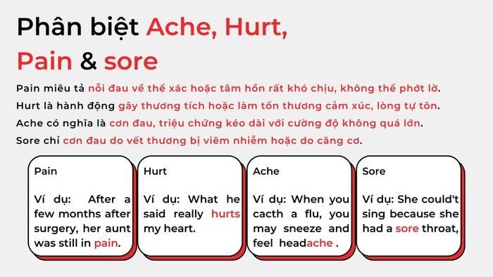 Bảng tóm tắt phân biệt Ache, Hurt, Pain và Sore trong tiếng Anh