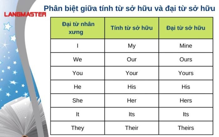 Biểu đồ so sánh và phân biệt rõ ràng giữa tính từ sở hữu và đại từ sở hữu trong tiếng Anh, kèm theo ví dụ minh họa cụ thể.