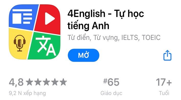 Biểu tượng và giao diện tổng quan của ứng dụng học tiếng Anh 4English