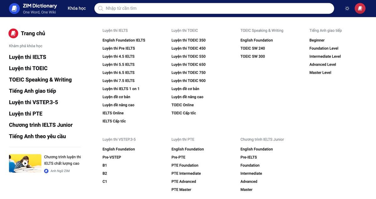 Các khóa học tiếng Anh trên ZIM Dictionary