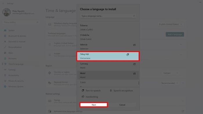 Chọn ngôn ngữ Tiếng Việt từ danh sách để cài đặt trên Windows 11