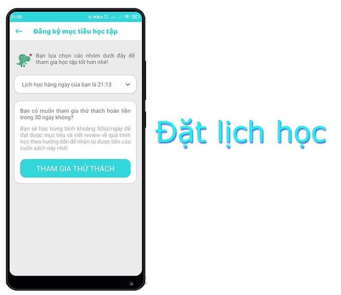 Chức năng đặt mục tiêu và lên lịch học tiếng Anh hàng ngày trên ứng dụng Hack Não
