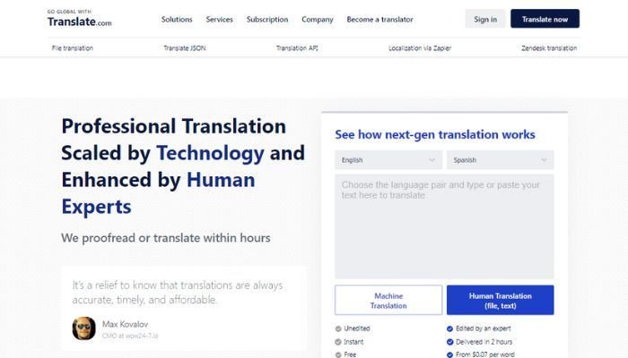 Cửa sổ Translate.com cho phép nhập văn bản để dịch