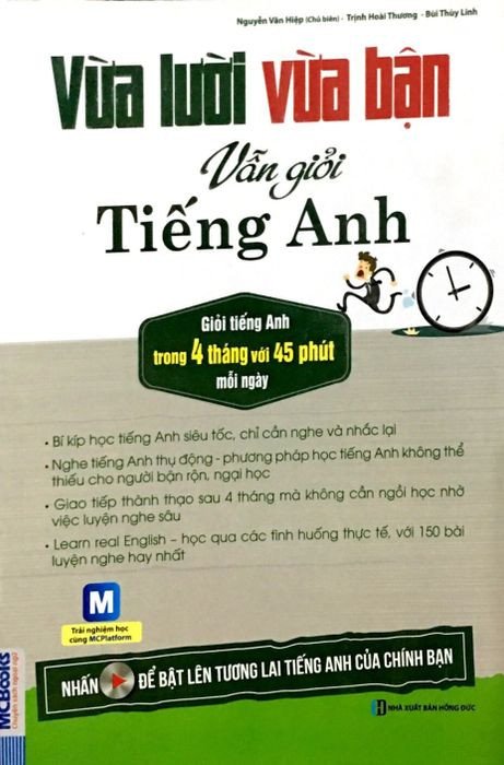 Cuốn sách Vừa lười vừa bận vẫn giỏi tiếng Anh, bìa màu xanh lá cây với hình ảnh đơn giản