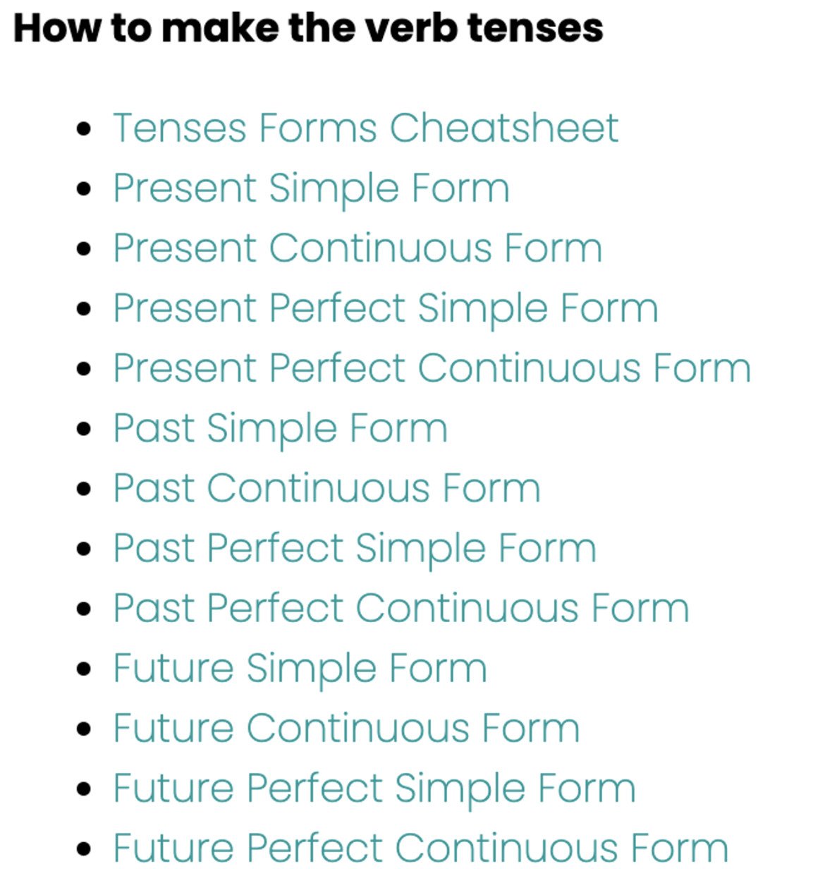 Danh sách các bài học về thì động từ trong ngữ pháp tiếng Anh trên Perfect English Grammar