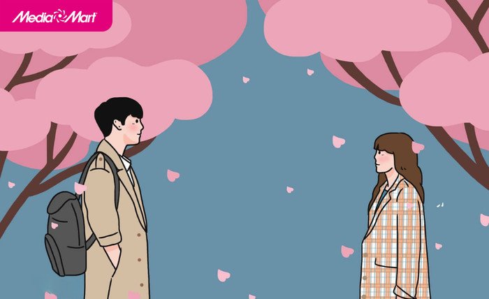 Đôi bạn trẻ đang nắm tay nhau trên con đường rải hoa thể hiện tình yêu