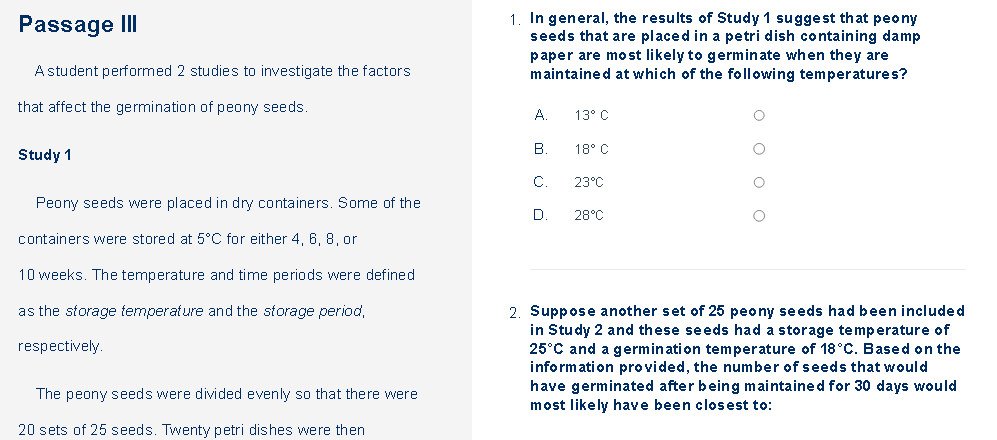 Dữ liệu khoa học được trình bày dưới dạng bảng biểu trong bài thi ACT Science