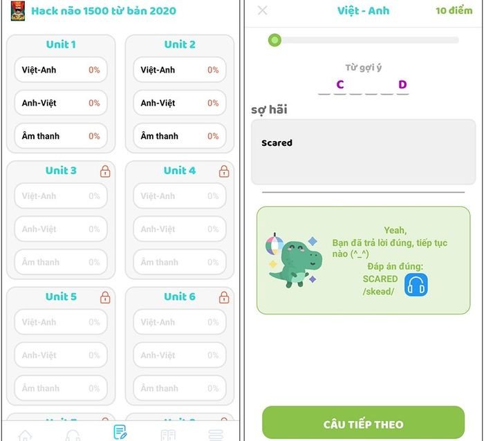Giao diện bài kiểm tra trình độ tiếng Anh trên ứng dụng Hack Não