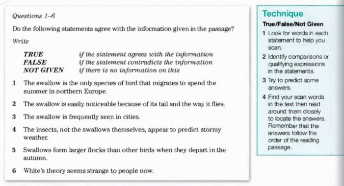 Giao diện bài tập True False Not Given từ sách Improve Your Reading Skills band 4.5-6.0