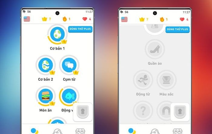 Giao diện Duolingo hiển thị các chủ đề từ vựng tiếng Anh được phân loại.