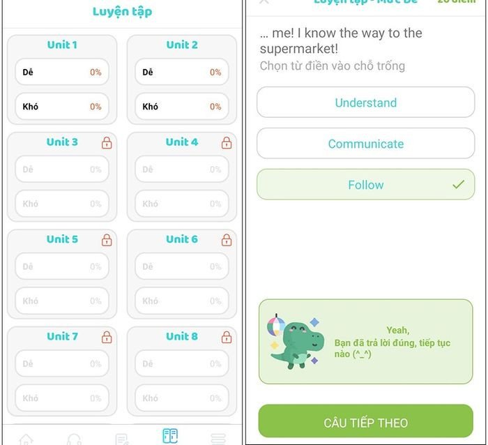 Giao diện luyện tập và ôn tập từ vựng tiếng Anh theo cấp độ trên ứng dụng Hack Não