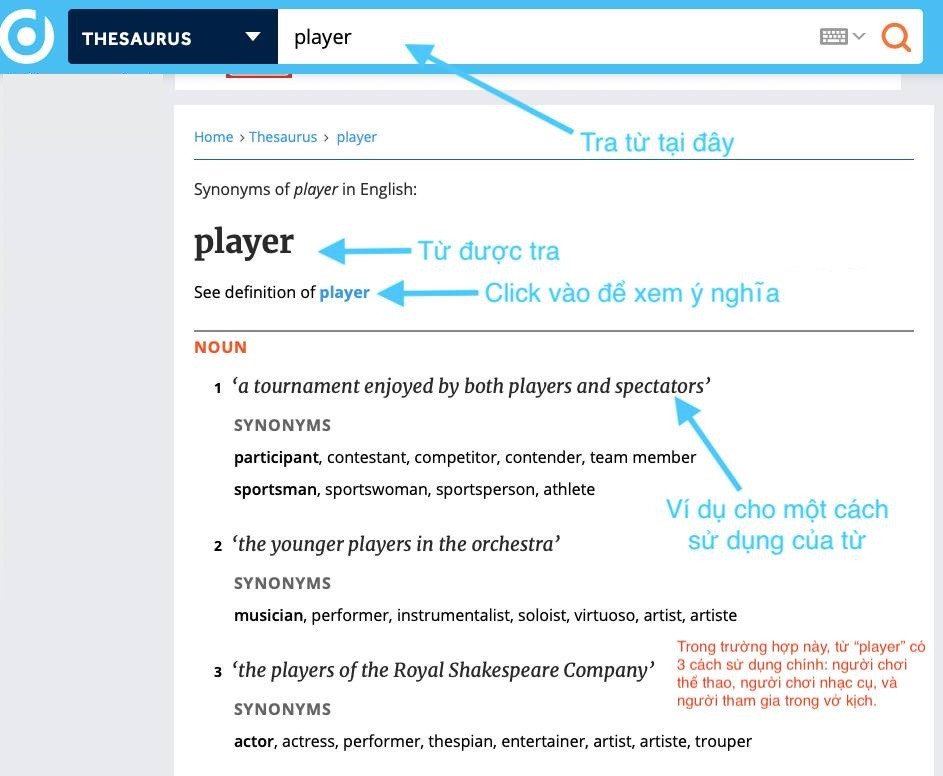 Giao diện Oxford Dictionaries khi tìm kiếm từ đồng nghĩa