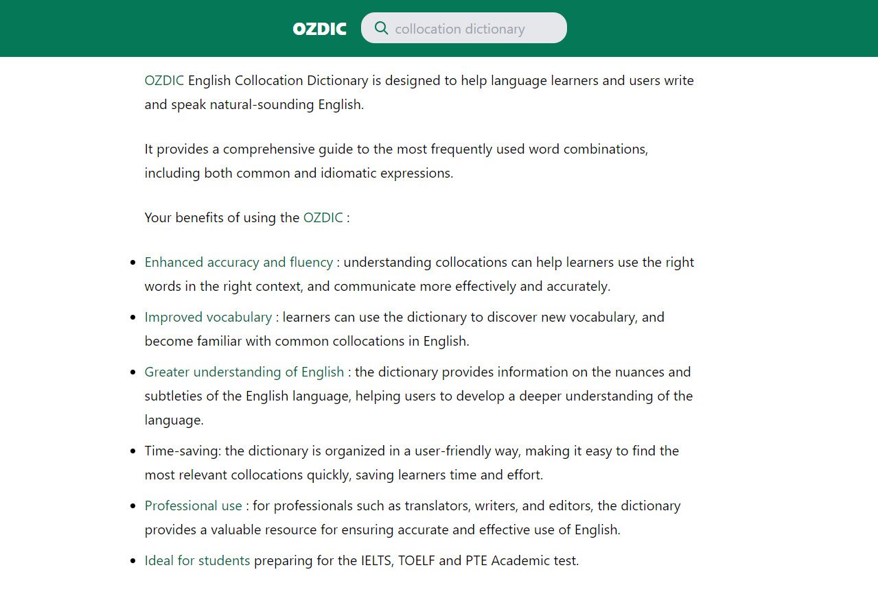 Giao diện OZDIC Collocation Dictionary giúp tìm kiếm cụm từ nhanh chóng