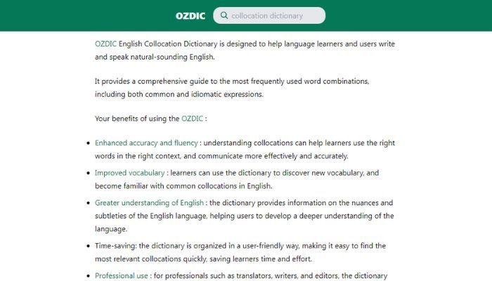 Giao diện Ozdic.com tập trung vào collocations tiếng Anh
