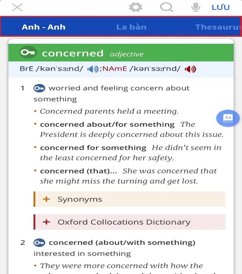 Giao diện tra từ điển chi tiết trong ứng dụng học tiếng Anh 4English
