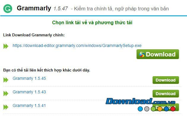 Giao diện trang web tải xuống công cụ Grammarly