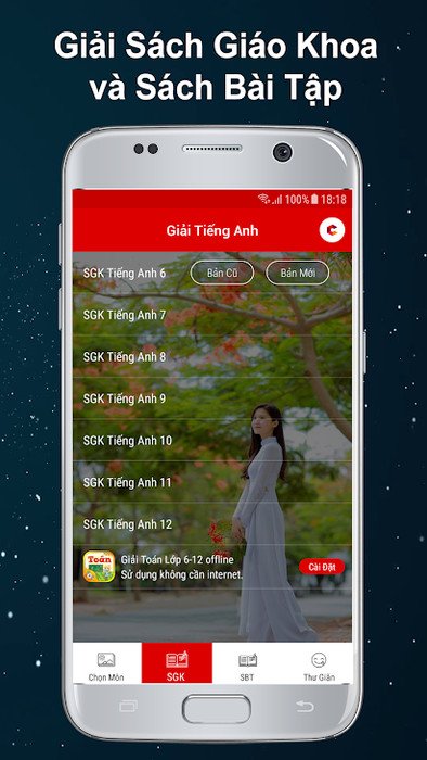 Giao diện ứng dụng Giải Tiếng Anh 6-12 hiển thị các tính năng học ngữ pháp và từ vựng.