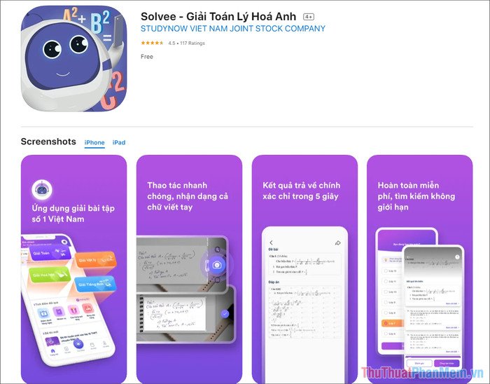 Giao diện ứng dụng Solvee trên điện thoại, hỗ trợ giải tiếng Anh nhanh chóng