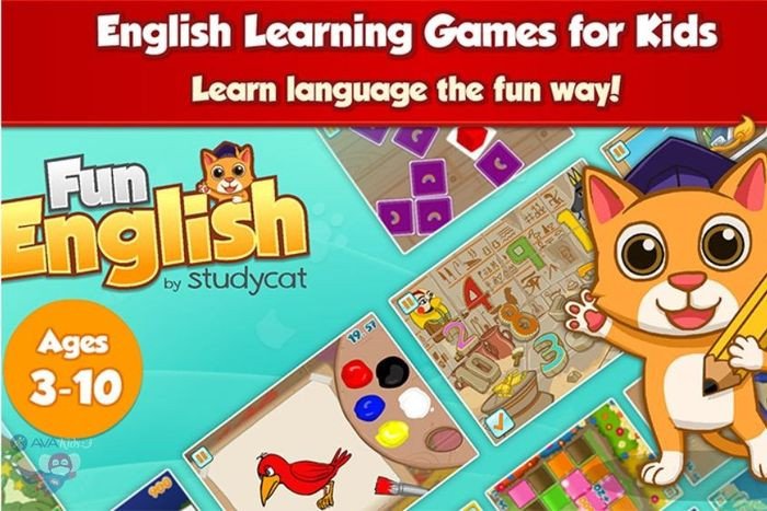 Giao diện ứng dụng Vui Tiếng Anh (Fun English) với các bài học đa dạng và hình ảnh minh họa sinh động dành cho trẻ.