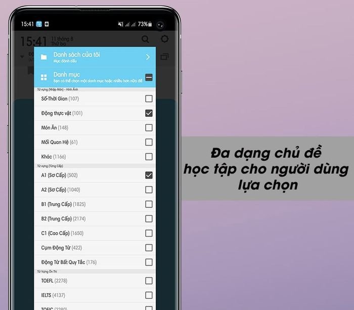 Giao diện ứng dụng WordBit Tiếng Anh với các chủ đề học tập đa dạng