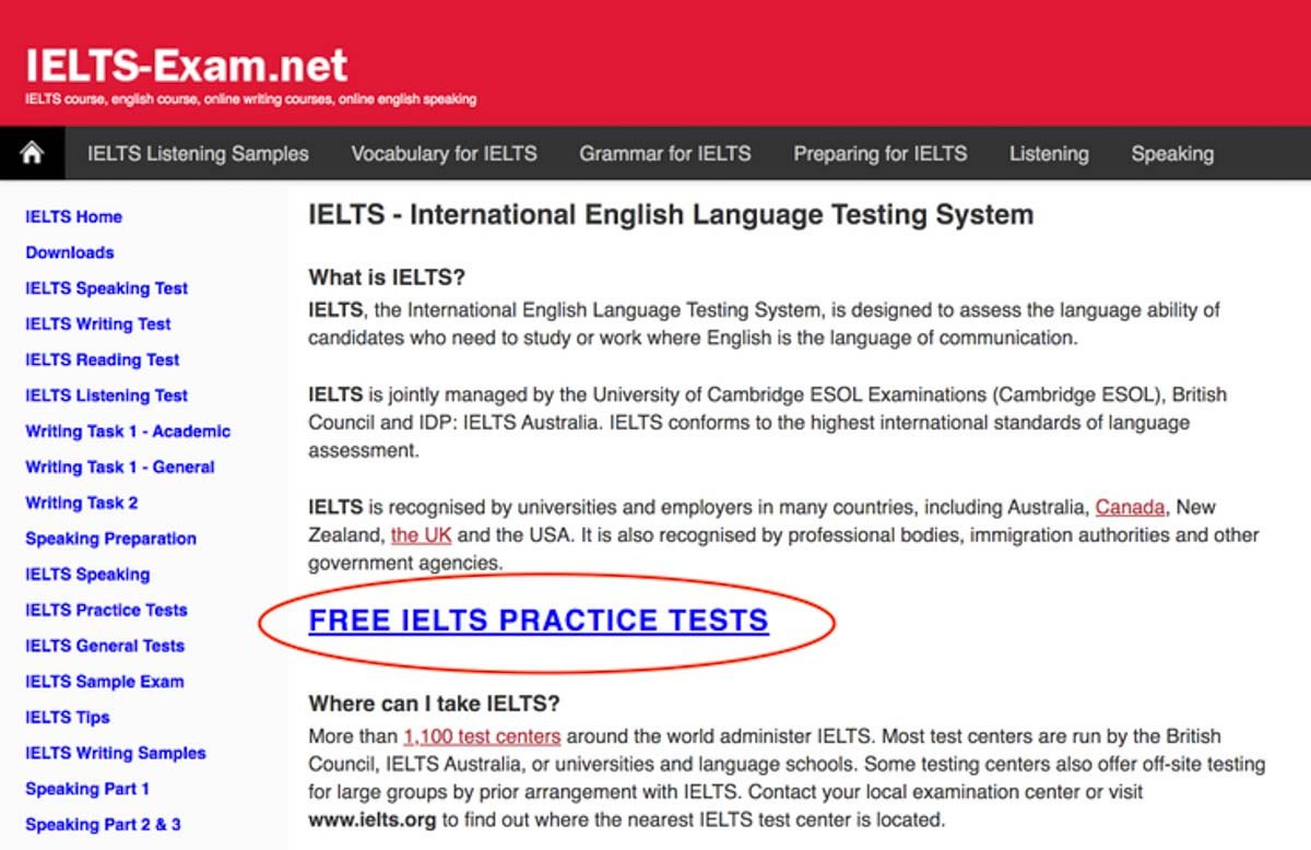 Giao diện website IELTS Exam cung cấp các bài test IELTS miễn phí trực tuyến