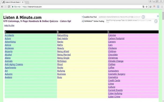 Giao diện website Listen A Minute cung cấp bài nghe tiếng Anh ngắn