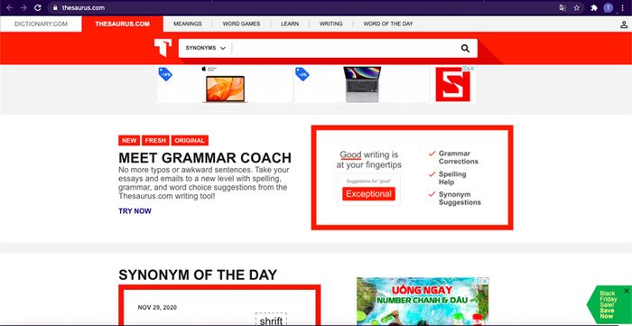 Giao diện website Thesaurus hỗ trợ tra từ đồng nghĩa tiếng Anh