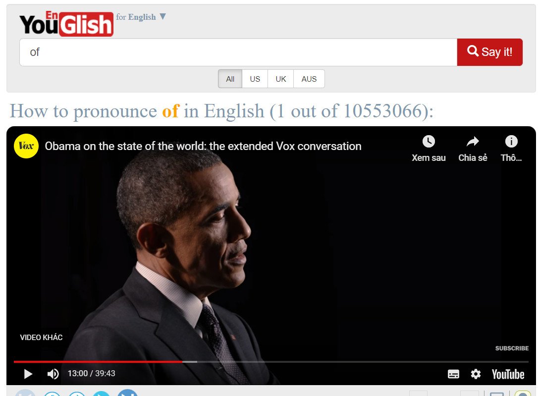 Giao diện website Youglish hỗ trợ luyện phát âm tiếng Anh tự nhiên