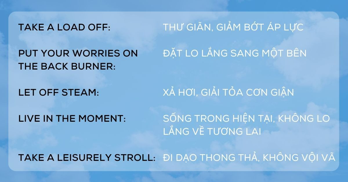 Hình ảnh minh họa các thành ngữ về thư giãn, thể hiện sự thoải mái và bình yên