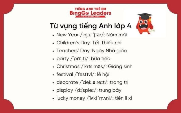 Học sinh lớp 4 khám phá từ vựng tiếng Anh về các ngày lễ và sự kiện đặc biệt.