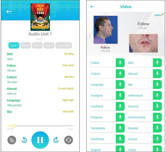 Học từ vựng tiếng Anh qua audio và video hướng dẫn phát âm chuẩn trên ứng dụng Hack Não