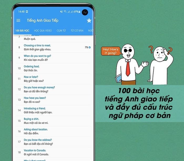 Học viên trải nghiệm ứng dụng học tiếng Anh giao tiếp với các bài hội thoại đa dạng.