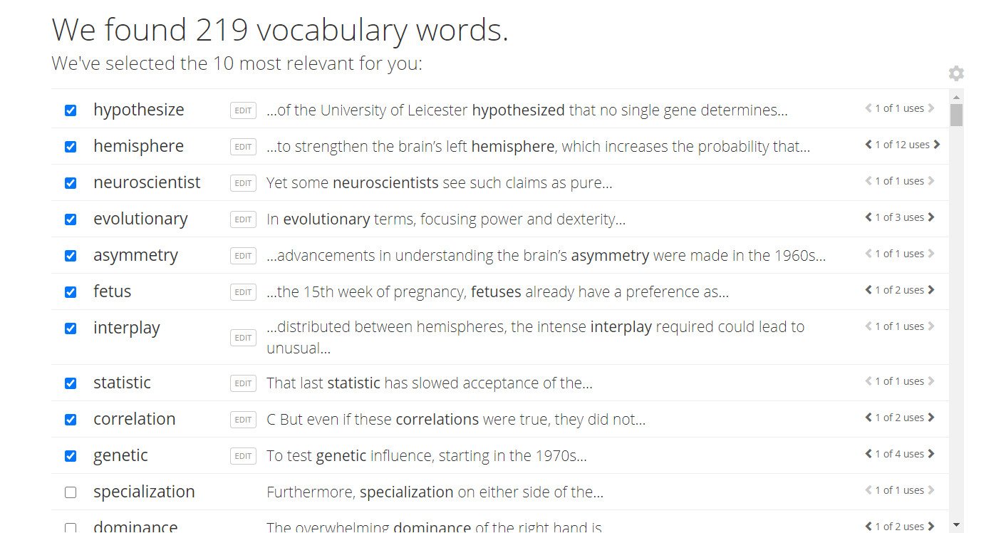 Kết quả phân tích từ vựng tiếng Anh trên Vocabulary.com