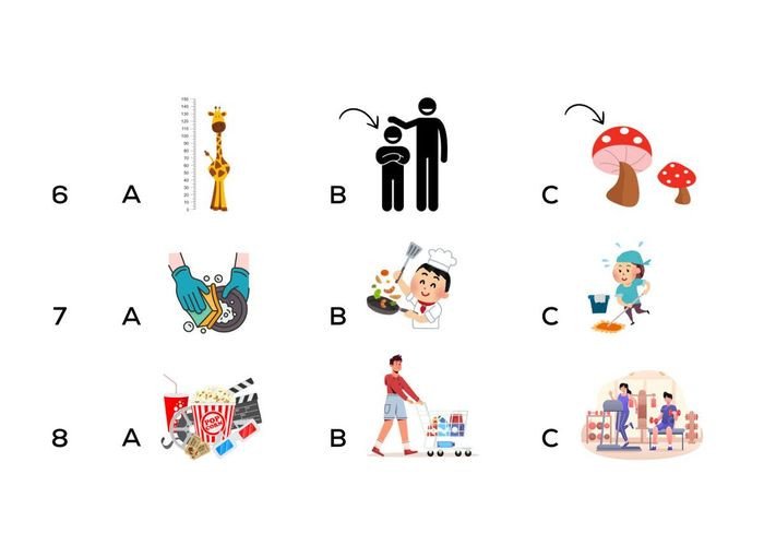 Luyện nghe tiếng Anh lớp 4: Bài tập khoanh tròn hình ảnh đúng từ câu 6 đến 8