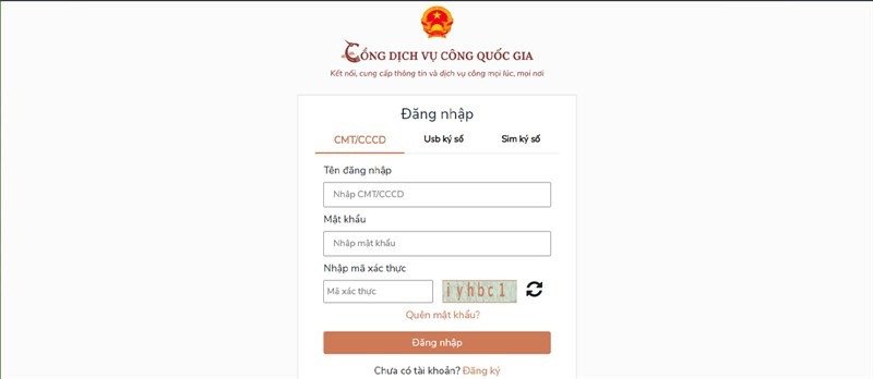 màn hình đăng nhập cổng dịch vụ công quốc gia để tra cứu mã định danh học sinh