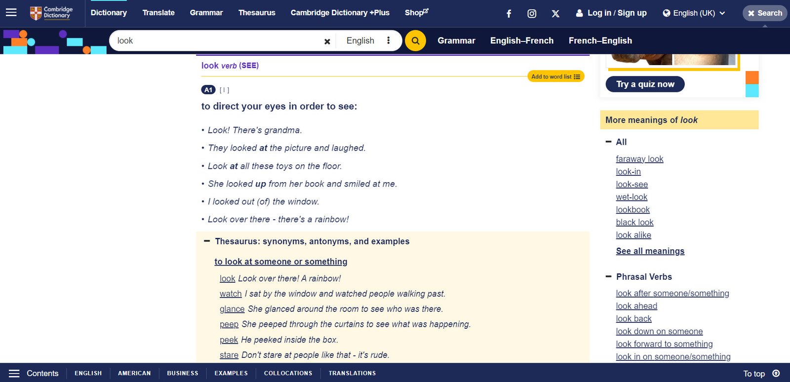 Màn hình giao diện tra cứu Phrasal Verb trên Cambridge English Dictionary, hiển thị kết quả chi tiết.