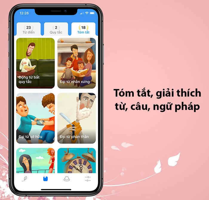 Màn hình tóm tắt kiến thức ngữ pháp tiếng Anh trong ứng dụng Simpler