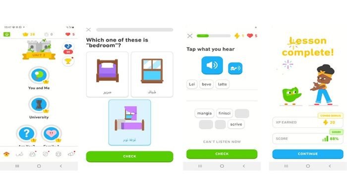 Màn hình tổng kết bài học Duolingo với điểm số và phần thưởng, khuyến khích người học tiến bộ.