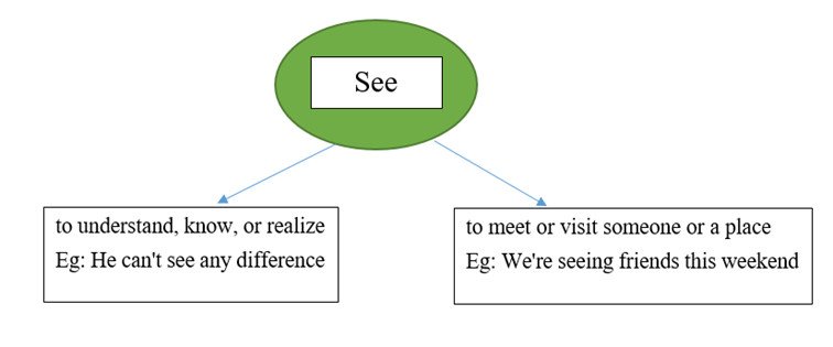 Mind map minh họa các nghĩa chuyển của động từ 'see' trong tiếng Anh và ngữ cảnh sử dụng