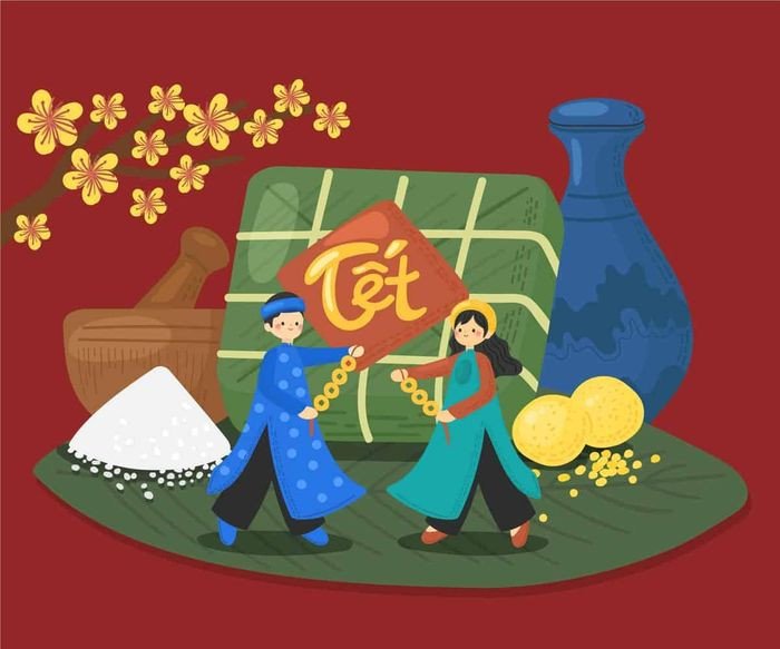 Minh họa cảnh người dân Việt Nam đi chùa cầu an dịp Tết Nguyên Đán
