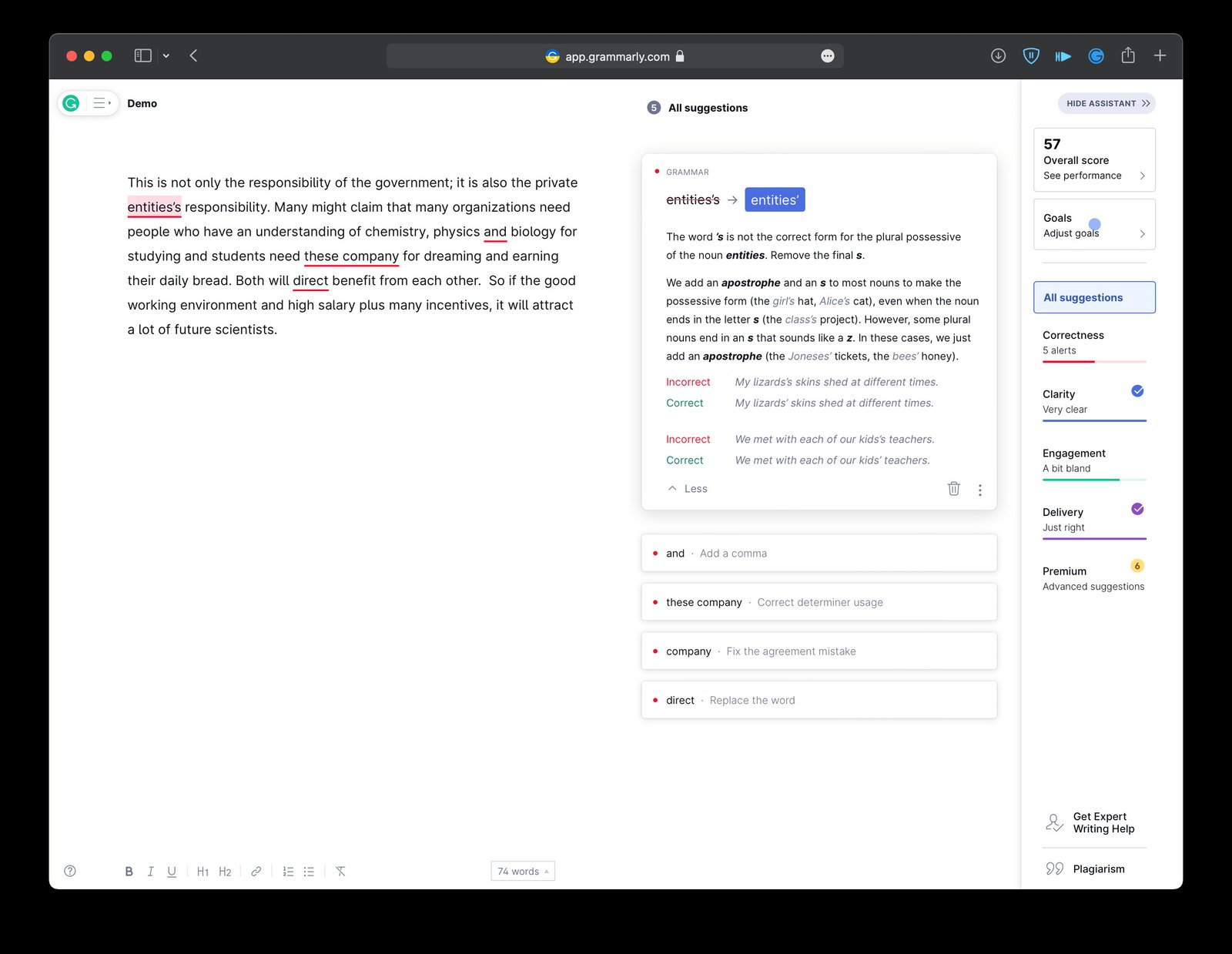 Minh họa lỗi ngữ pháp và đề xuất sửa chữa trên Grammarly