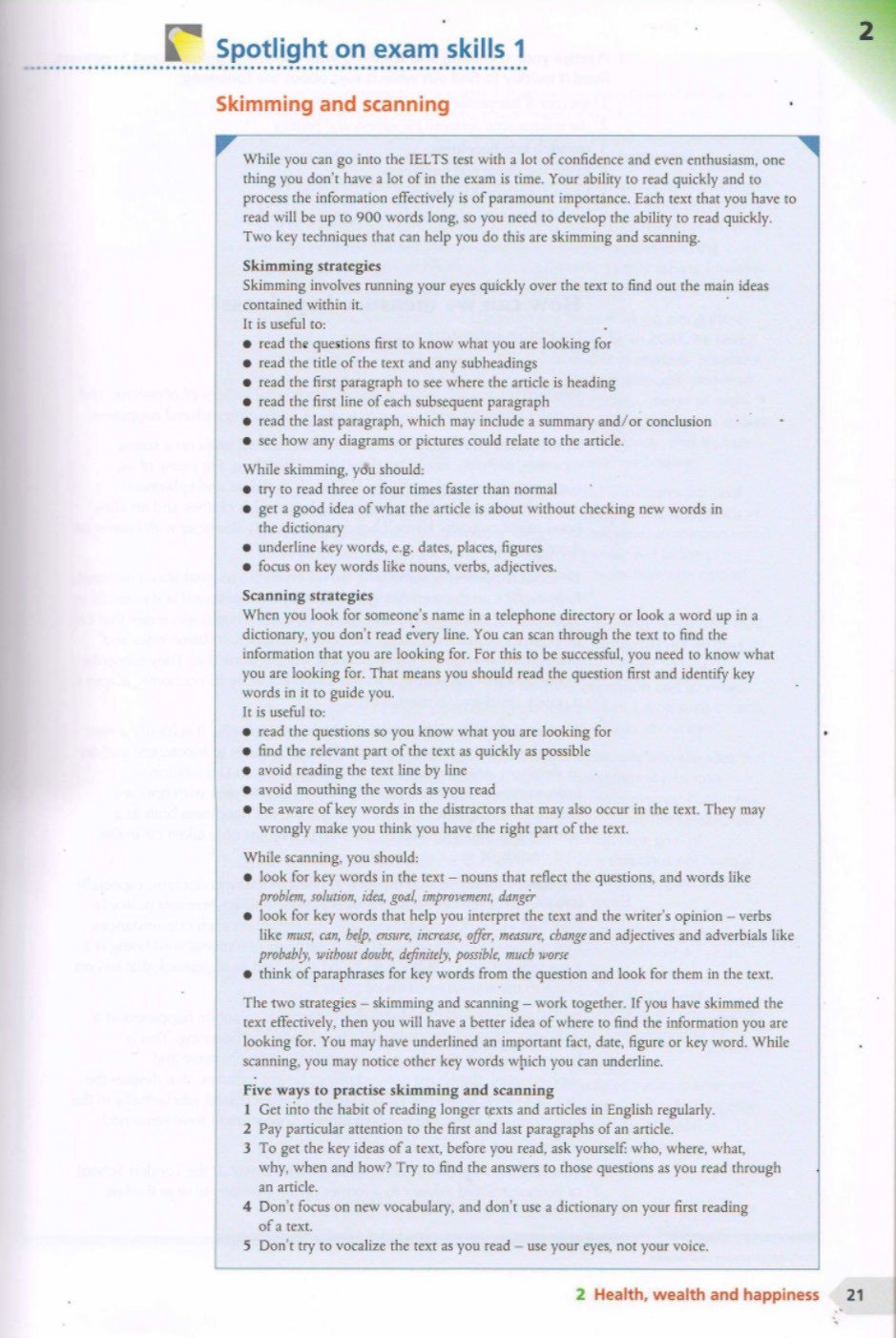 Minh họa phần Spotlight on Exam Skills trong sách IELTS Advantage Reading Skills, tập trung vào chiến thuật làm bài đọc.